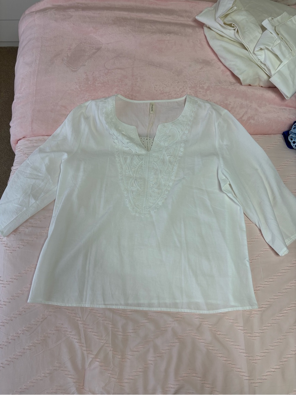 White Embroidered Split-Neck Women’s Top